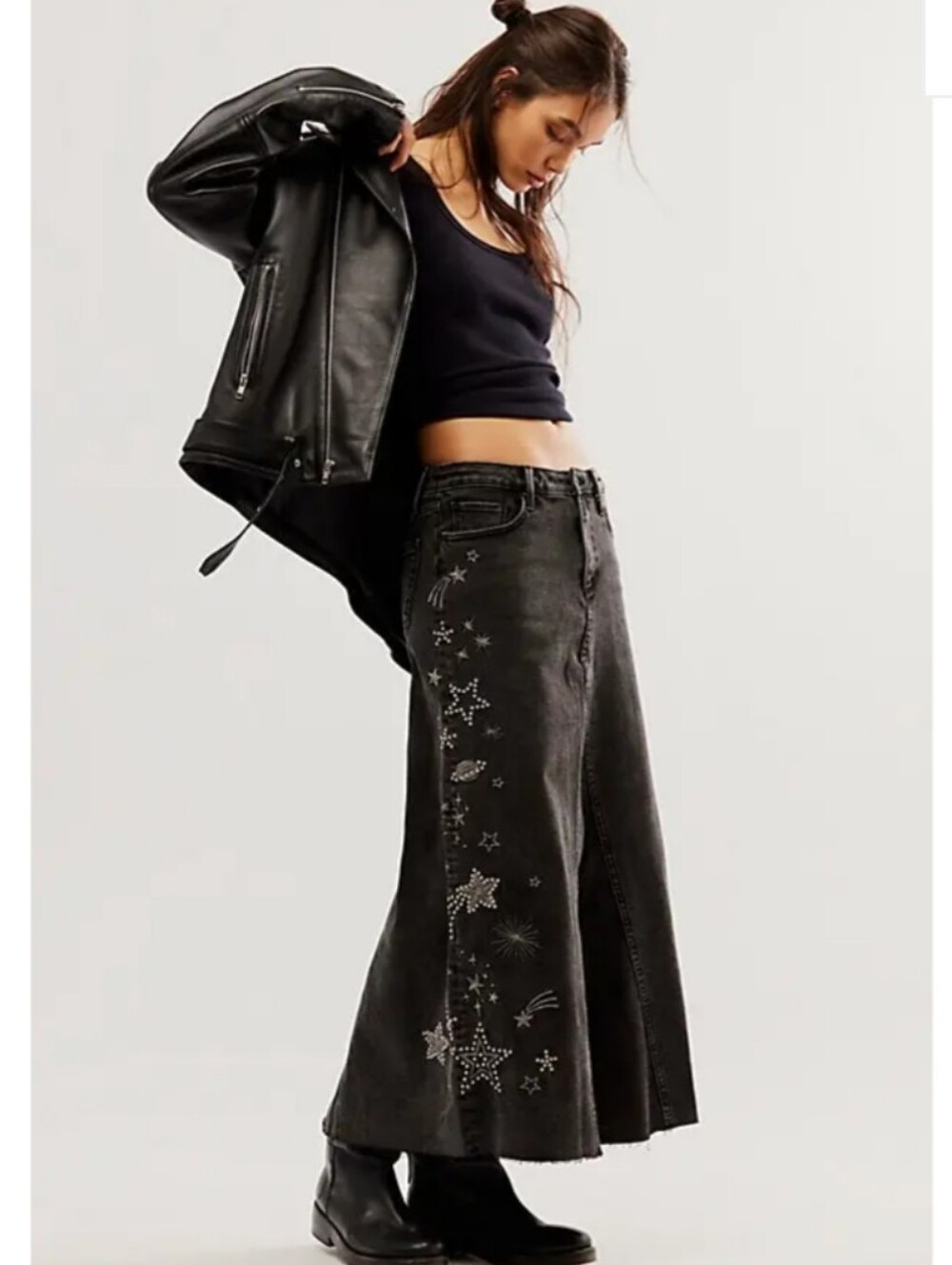 Driftwood Shooting Star Joanna Maxi Skirt Waist Size 27 Gray Denim Raw Hem
